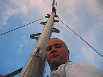 Jamie up the mast of Barnacle Bill