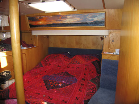 Aft cabin showing Al's oil painting of Bodrum sunset