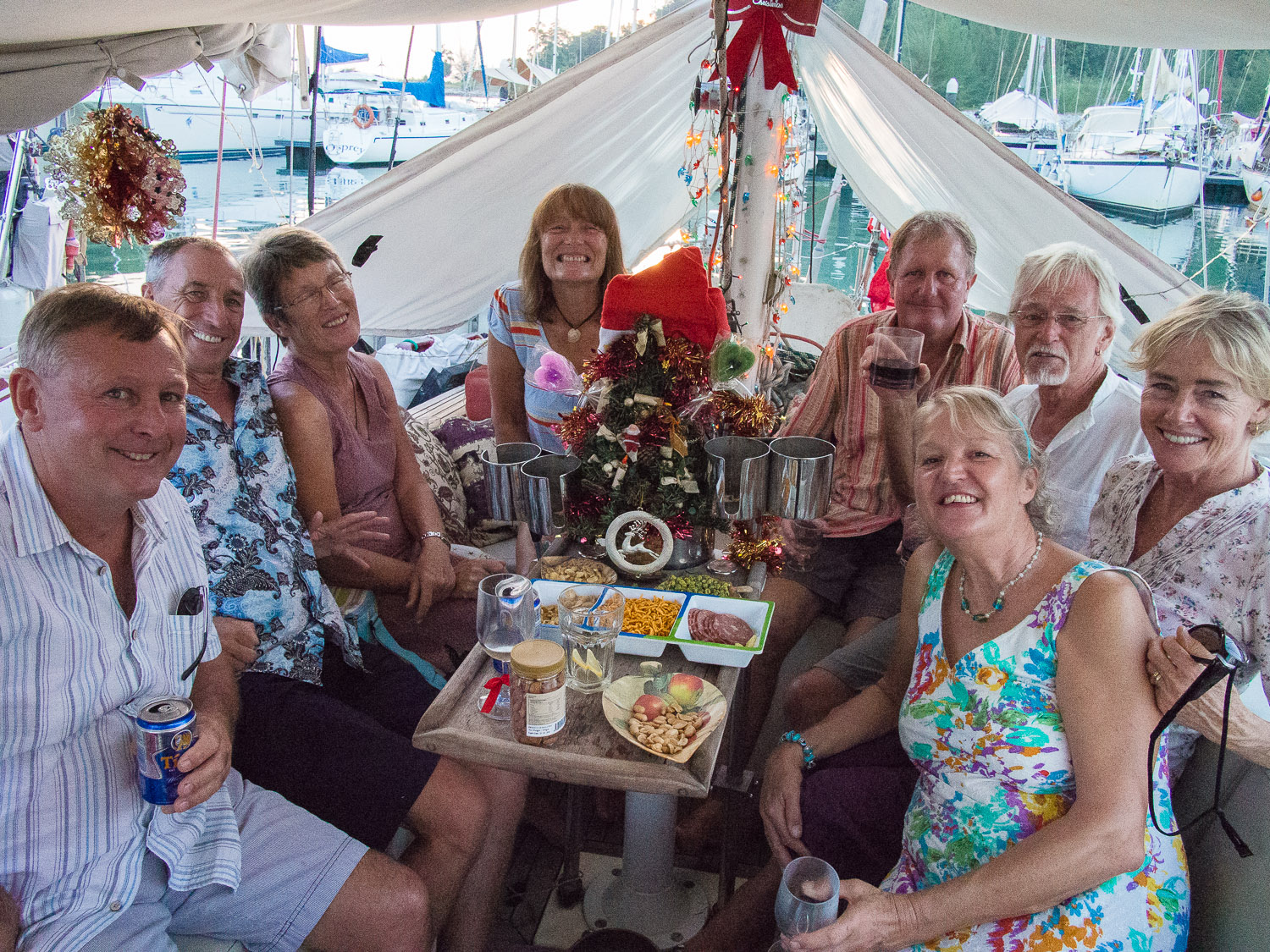 Antony, Tony, Pat, Liz, Terry, Brian, Debs and Div aboard Esper for Christmas drinks