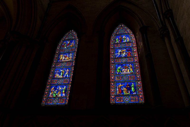 The Bishop Kaye Memorial lancet windows, located in the South Choir Aisle of Lincoln Cathedral
